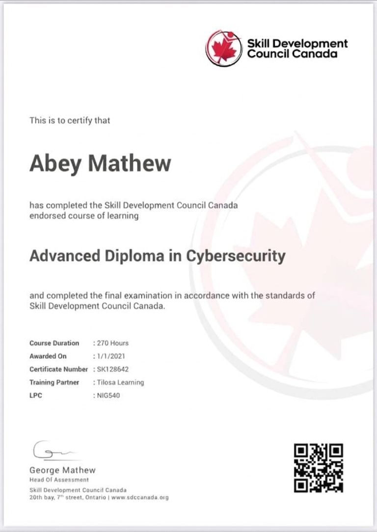 SDC certificate for advanced diploma in cybersecurity