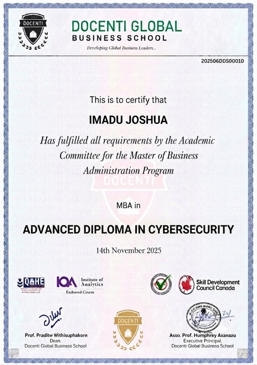 Advanced Diploma in Cybersecurity Program certificate from Docenti Global Business SCchool