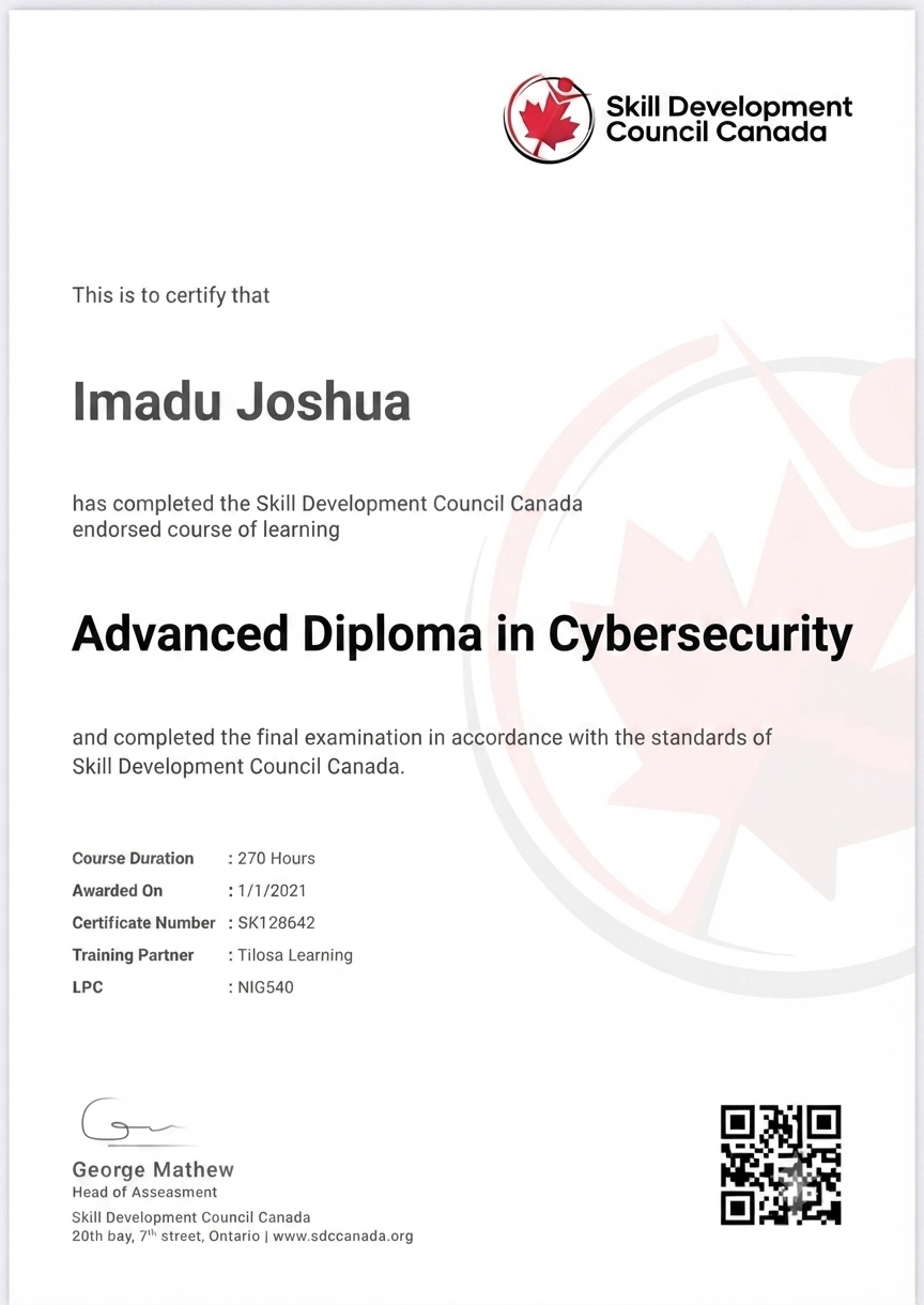 Advanced Diploma in Cybersecurity Program certificate