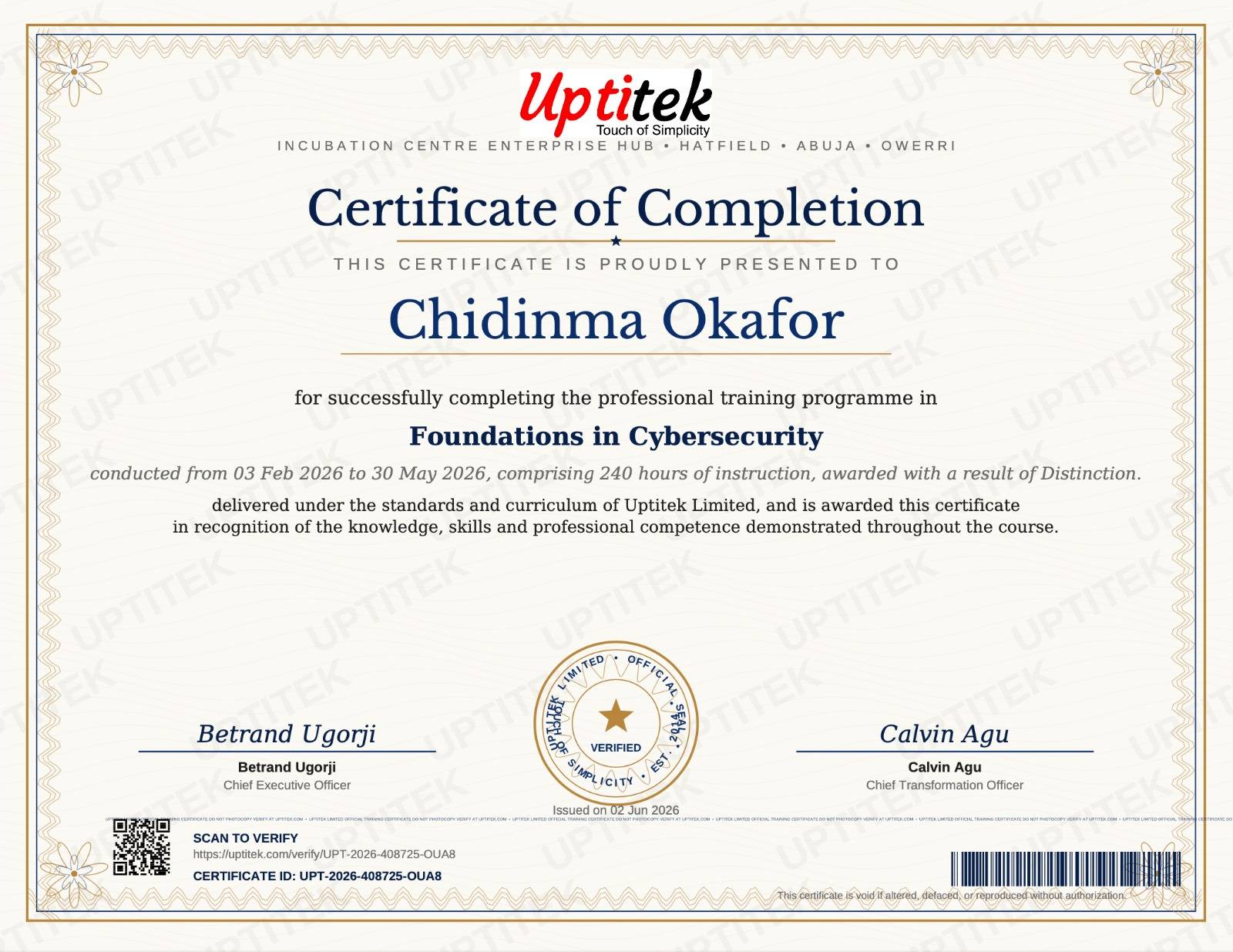 Uptitek UK Certificate for Advanced Diploma in Cybersecurity