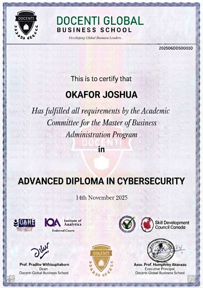 Advanced Diploma in Cybersecurity Program certificate from Docenti Global Business School